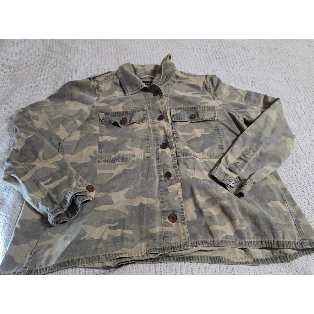 Lucky Brand Camo Utility Jacket Green Tan Camouflage Button Up Coat Large